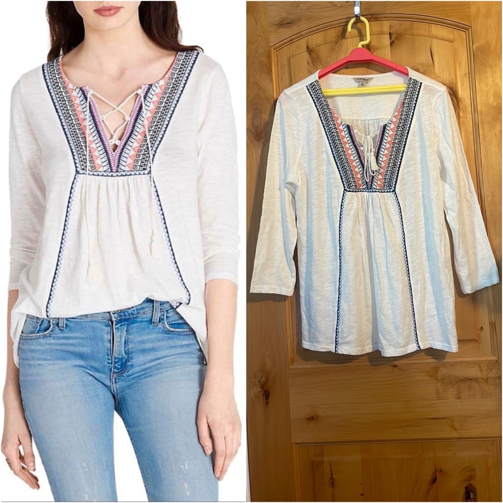 LUCKY BRAND White Boho Multi-Color Embroidered Peasant Top $78 EUC XL